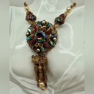 Vintage West Germany Filigree Brooch/Necklace Tassel and Multiple AB Rhinestones